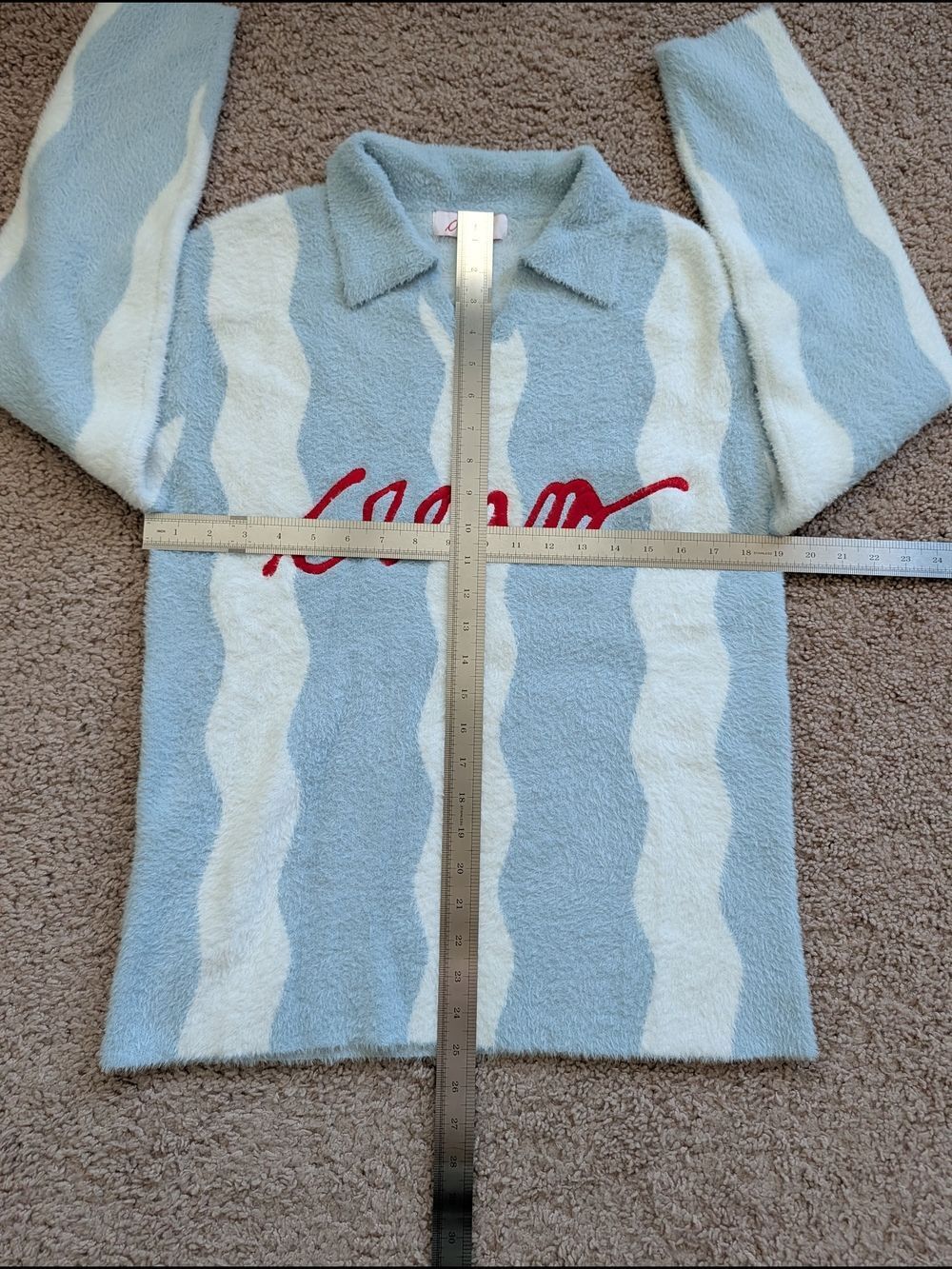 Cream Womens Blue White Red Wavey Soft Knit Collared Top Size Small - Picture 8 of 9